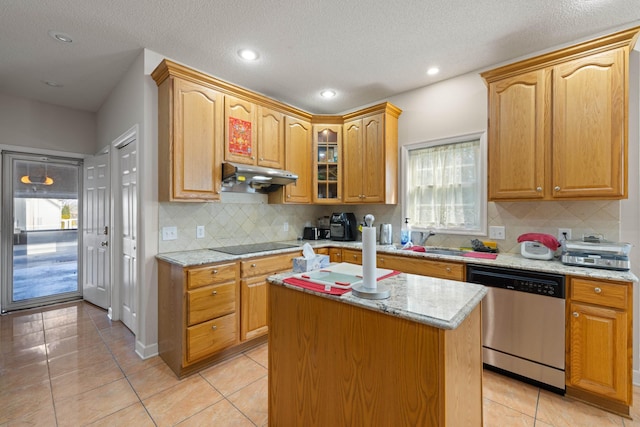 635 Long Meadow Rd, Fishersville, VA 22939 - kitchen featuring light tile patterned floors, a center island, stainless steel dishwasher, light stone countertops, and under cabinet range hood