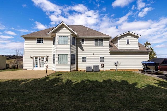 635 Long Meadow Rd, Fishersville, VA 22939 - back of house with cooling unit, a shingled roof, a patio, and a yard