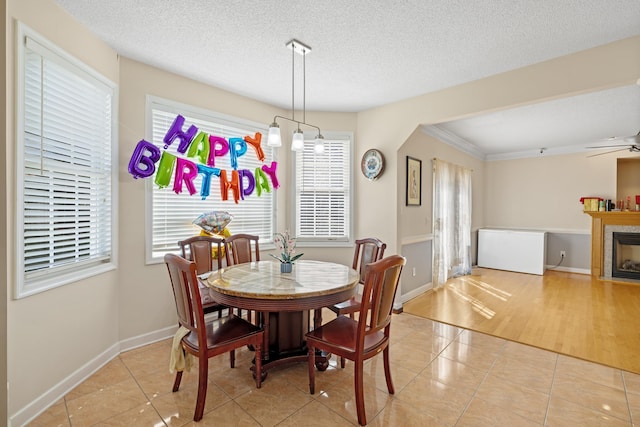 635 Long Meadow Rd, Fishersville, VA 22939 - dining room with light tile patterned floors, a fireplace with flush hearth, a textured ceiling, baseboards, and arched walkways