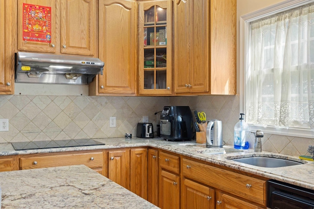 635 Long Meadow Rd, Fishersville, VA 22939 - kitchen with under cabinet range hood, a sink, dishwashing machine, decorative backsplash, and black electric stovetop