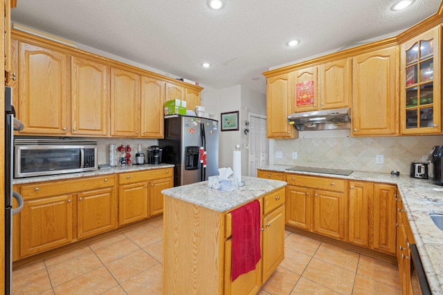 635 Long Meadow Rd, Fishersville, VA 22939 - kitchen with under cabinet range hood, glass insert cabinets, light stone counters, backsplash, and appliances with stainless steel finishes