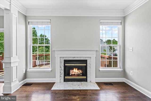 6903 Quitman Dr, Fredericksburg, VA 22407 - unfurnished living room featuring crown molding, a high end fireplace, wood finished floors, and baseboards