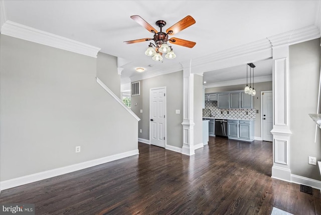 6903 Quitman Dr, Fredericksburg, VA 22407 - unfurnished living room with dark wood-style flooring, a ceiling fan, ornamental molding, ornate columns, and baseboards