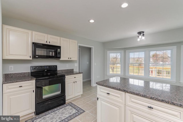 kitchen featuring black appliances, light tile patterned floors, dark stone countertops, recessed lighting, and baseboards