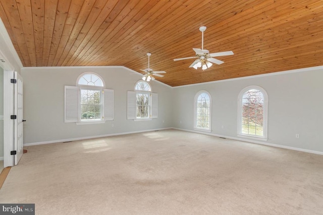 unfurnished room featuring wood ceiling, plenty of natural light, lofted ceiling, baseboards, and ornamental molding
