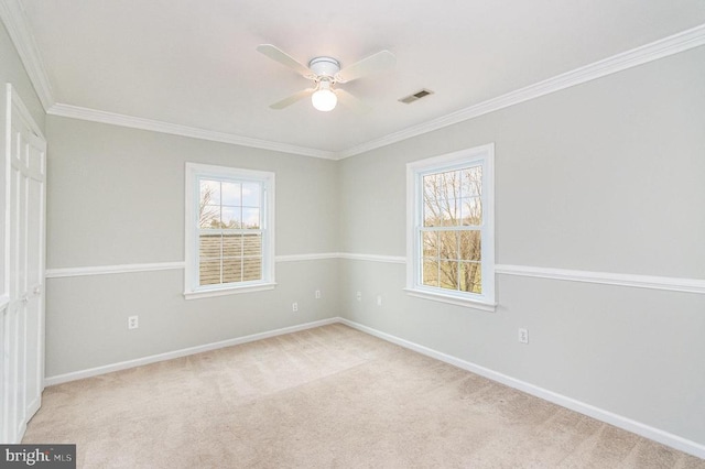 carpeted empty room with ceiling fan, ornamental molding, baseboards, and healthy amount of natural light