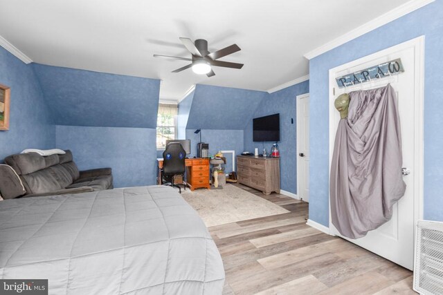 1550 Clover Dr, Fredericksburg, VA 22407 - bedroom featuring wood finished floors, crown molding, an office area, and ceiling fan
