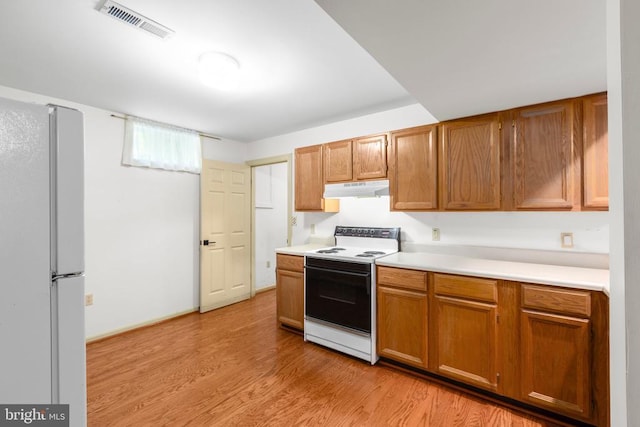 1550 Clover Dr, Fredericksburg, VA 22407 - kitchen with range with electric stovetop, under cabinet range hood, freestanding refrigerator, light wood-type flooring, and light countertops