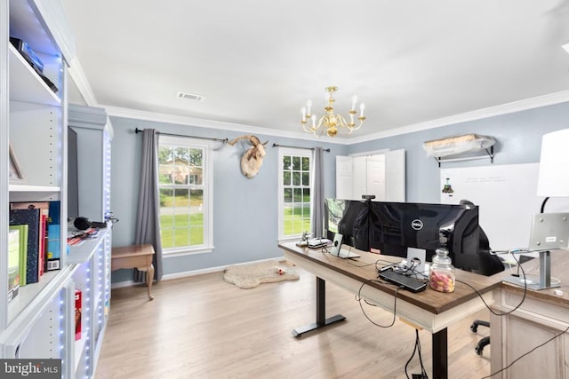 1550 Clover Dr, Fredericksburg, VA 22407 - office area with crown molding, a chandelier, and wood finished floors