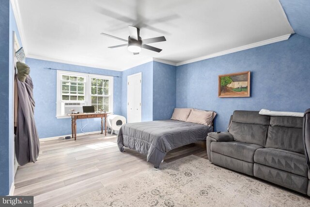 1550 Clover Dr, Fredericksburg, VA 22407 - bedroom featuring a desk, wood finished floors, ornamental molding, ceiling fan, and a closet