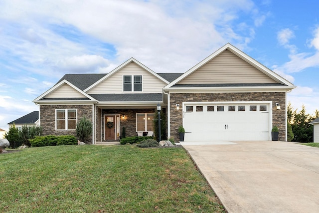 325 Petros Dr, Waynesboro, VA 22980 - view of front of property with driveway, a front lawn, stone siding, and an attached garage