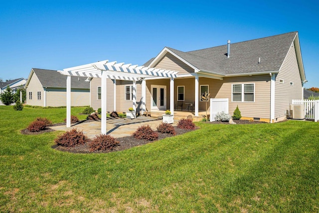 325 Petros Dr, Waynesboro, VA 22980 - rear view of house featuring a pergola, a patio area, central AC unit, crawl space, and a shingled roof