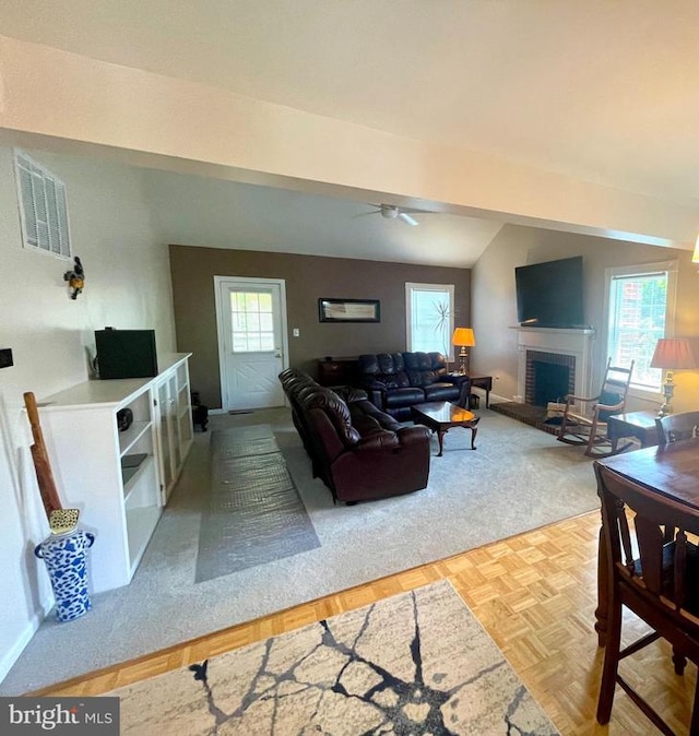 264 Fairfield Dr, Warrenton, VA 20186 - living room with a brick fireplace, a ceiling fan, and vaulted ceiling