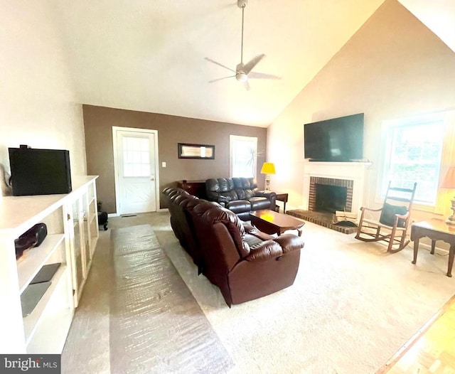 264 Fairfield Dr, Warrenton, VA 20186 - living room with ceiling fan, a fireplace, high vaulted ceiling, and light colored carpet