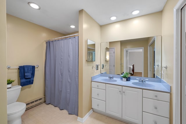 2035 Lee Jackson Hwy, Staunton, VA 24401 - full bath with baseboard heating, double vanity, tile patterned floors, a shower with curtain, and recessed lighting