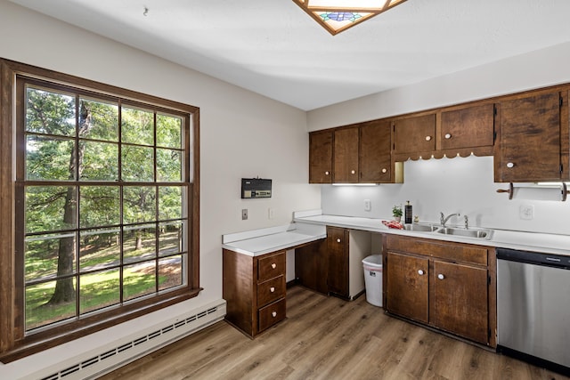 2035 Lee Jackson Hwy, Staunton, VA 24401 - kitchen with stainless steel dishwasher, baseboard heating, light countertops, light wood-style floors, and dark brown cabinetry