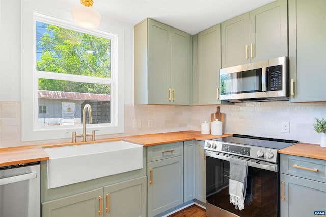 1867 Stage Junction Rd, Columbia, VA 23038 - kitchen featuring appliances with stainless steel finishes, wooden counters, a sink, and green cabinets