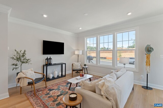 9 Woodburn Rd, Charlottesville, VA 22901 - living room with crown molding, light wood-style floors, baseboards, and recessed lighting