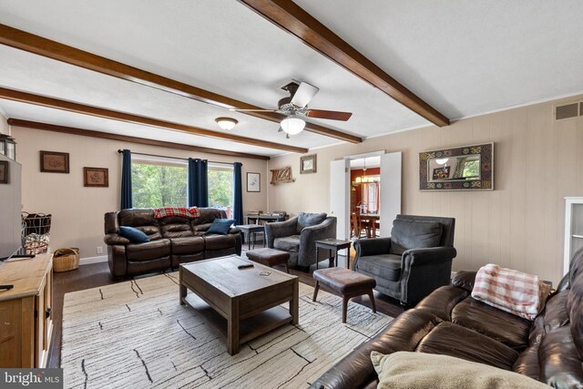 13108 Hickory Ln, Orange, VA 22960 - living room featuring a ceiling fan, light wood-style flooring, beam ceiling, and baseboards