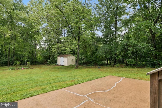  - view of grassy yard featuring a storage shed and a patio area