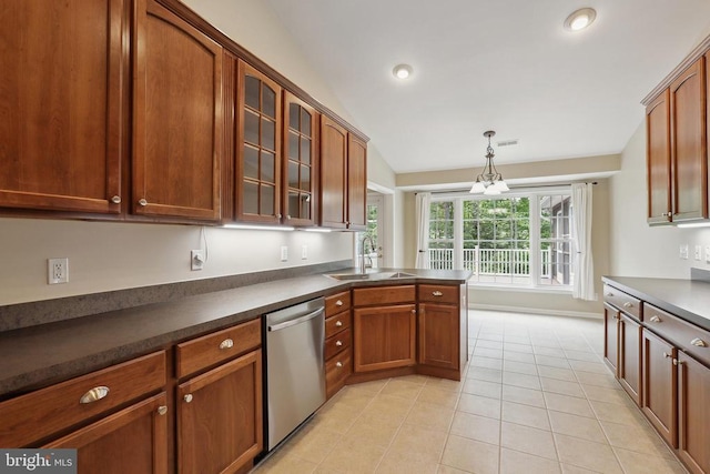 200 Saylers Creek Rd, Locust Grove, VA 22508 - kitchen with dishwasher, a sink, dark countertops, glass insert cabinets, and light tile patterned floors