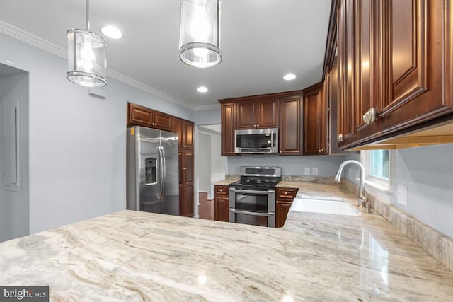 12218 Corter Ave, Fredericksburg, VA 22407 - kitchen with appliances with stainless steel finishes, light stone countertops, recessed lighting, crown molding, and pendant lighting