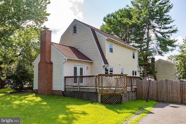 12218 Corter Ave, Fredericksburg, VA 22407 - rear view of house with a chimney, roof with shingles, a wooden deck, and french doors