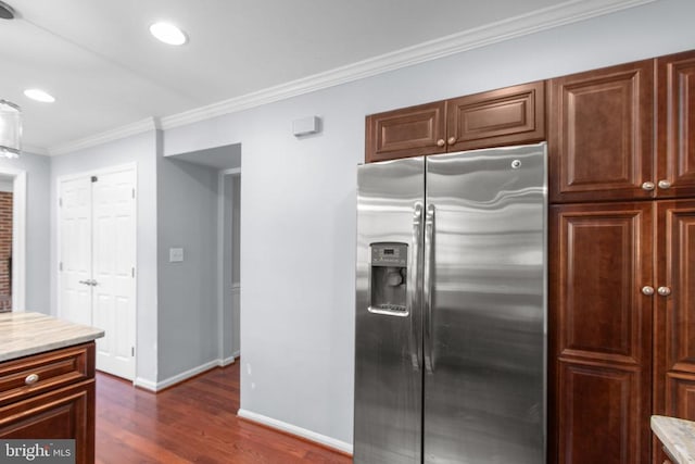 12218 Corter Ave, Fredericksburg, VA 22407 - kitchen with stainless steel fridge, dark wood finished floors, crown molding, and recessed lighting