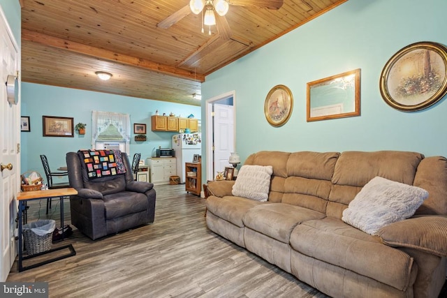 living area with wooden ceiling, ceiling fan, and light wood-style flooring
