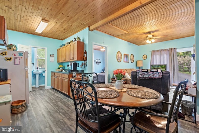 dining space with wood ceiling, dark wood finished floors, a ceiling fan, and beamed ceiling