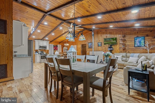 dining space with wooden ceiling, light wood-type flooring, wood walls, a chandelier, and recessed lighting