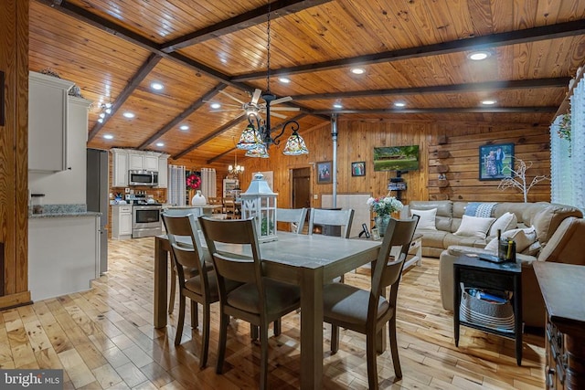 dining area featuring wooden ceiling, wooden walls, light wood-style floors, a chandelier, and recessed lighting