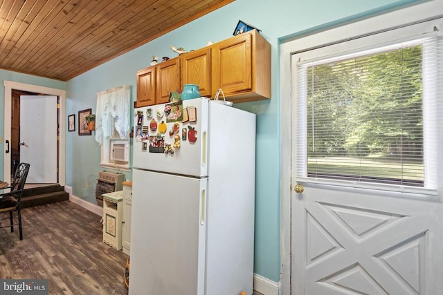 kitchen with freestanding refrigerator, wood ceiling, baseboards, and dark wood finished floors