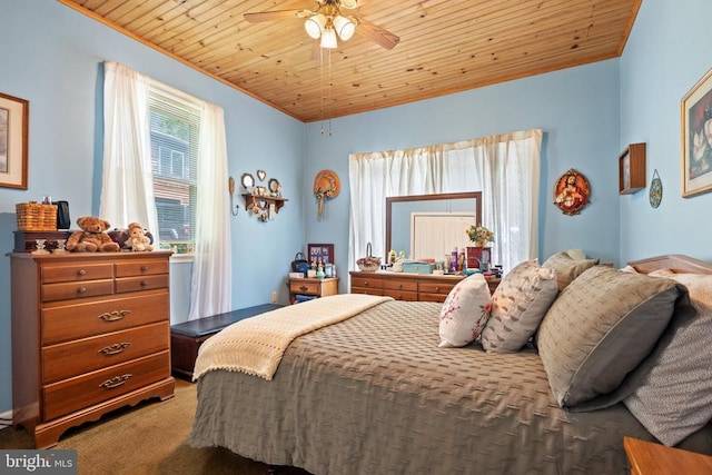 bedroom featuring carpet, wooden ceiling, and a ceiling fan