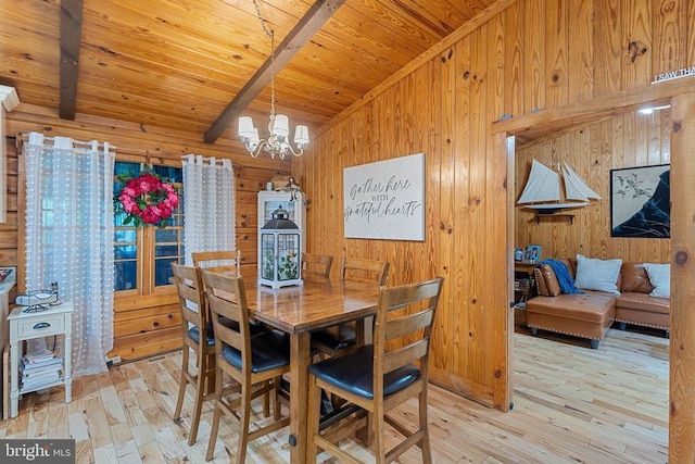 dining room with wooden ceiling, wood walls, a chandelier, and light wood-style flooring