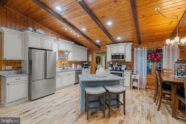 kitchen featuring appliances with stainless steel finishes, a sink, wood ceiling, a chandelier, and light wood-type flooring