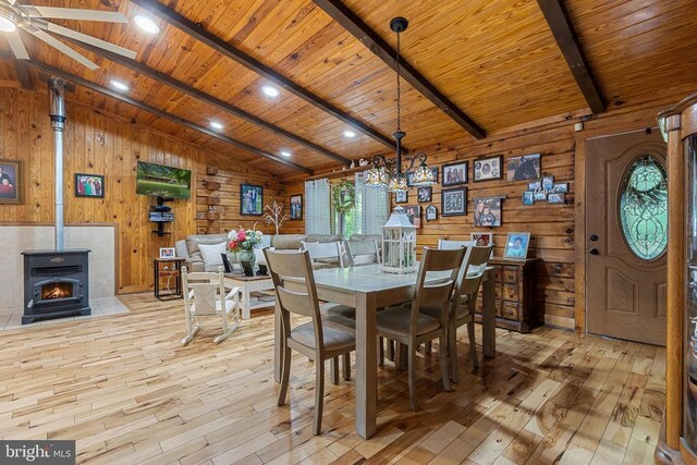 dining room with wood ceiling, wooden walls, hardwood / wood-style floors, a ceiling fan, and a chandelier