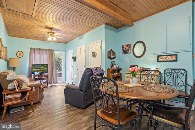 dining room with wooden ceiling, attic access, wood finished floors, and a ceiling fan
