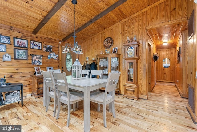 dining space featuring wooden walls, wooden ceiling, and light wood-type flooring