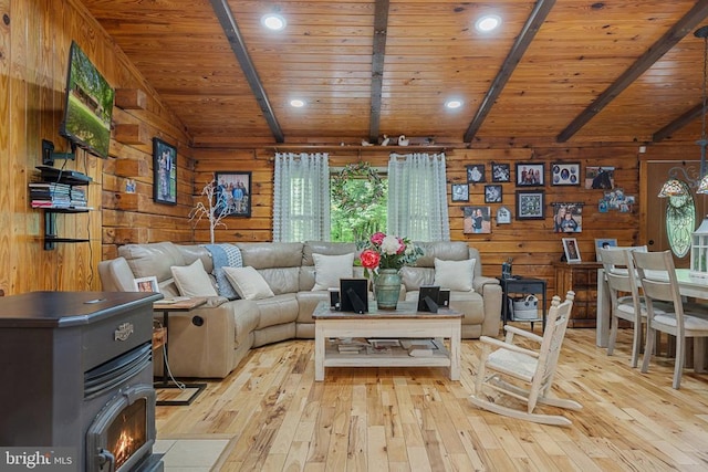 living area with wood ceiling, light wood finished floors, and wooden walls