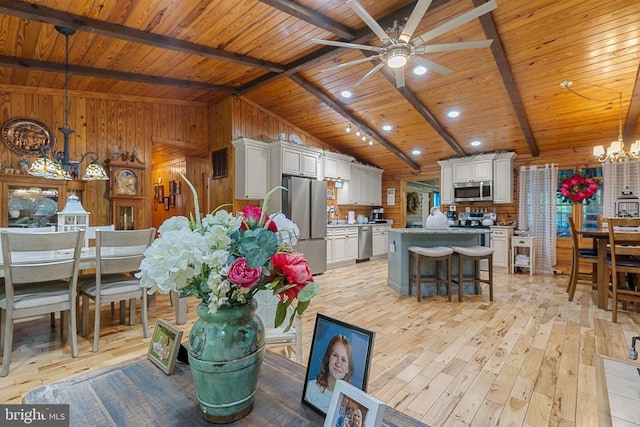 dining area featuring wooden walls, light wood-style flooring, wood ceiling, a chandelier, and a ceiling fan