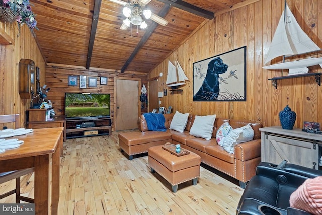 living area with wood walls, wooden ceiling, hardwood / wood-style floors, and ceiling fan