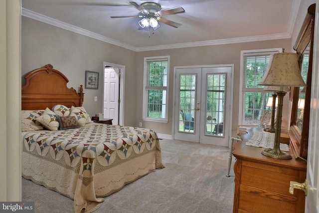13608 General Slocum Ct S, Fredericksburg, VA 22407 - carpeted bedroom with multiple windows, access to exterior, crown molding, french doors, and a ceiling fan