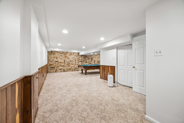 336 Hollingsworth Rd, Woodstock, VA 22664 - game room with billiards, a wainscoted wall, wooden walls, carpet, and recessed lighting