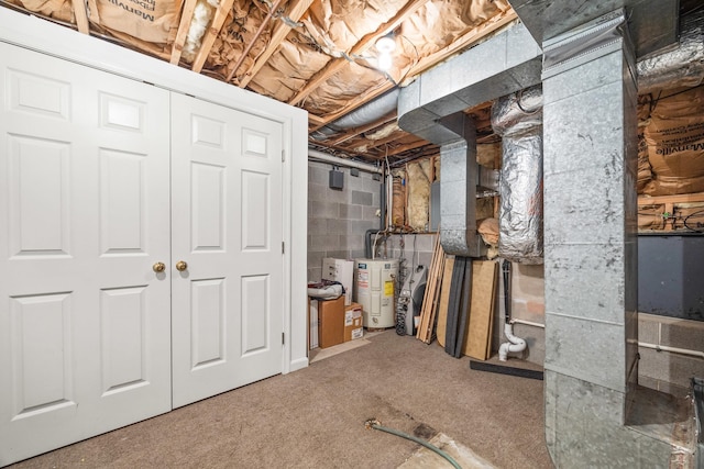 336 Hollingsworth Rd, Woodstock, VA 22664 - unfinished below grade area with electric water heater, concrete block wall, and carpet floors