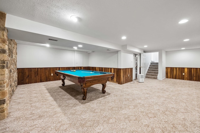 336 Hollingsworth Rd, Woodstock, VA 22664 - recreation room featuring a wainscoted wall, wood walls, carpet floors, billiards table, and recessed lighting