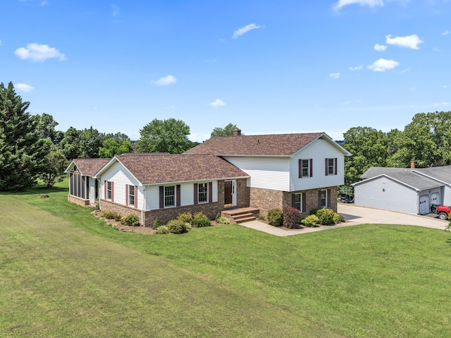 336 Hollingsworth Rd, Woodstock, VA 22664 - tri-level home with a front lawn, a chimney, brick siding, and stone siding