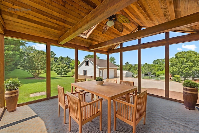 336 Hollingsworth Rd, Woodstock, VA 22664 - sunroom / solarium featuring a ceiling fan, plenty of natural light, wooden ceiling, and outdoor dining area