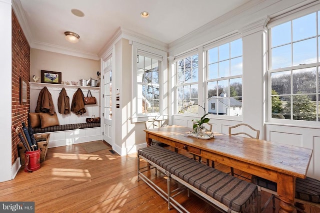 mudroom with ornamental molding, a wealth of natural light, and wood-type flooring