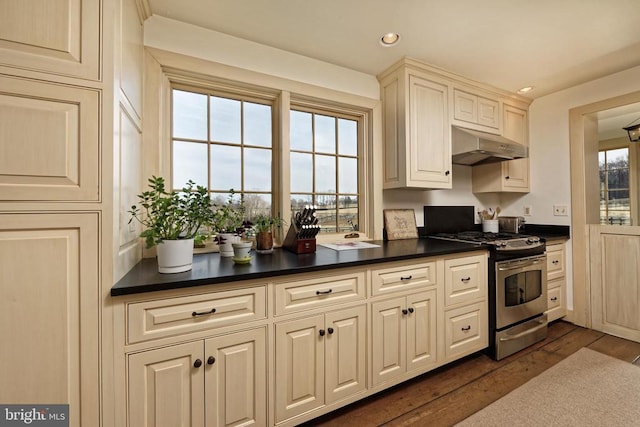 kitchen with under cabinet range hood, dark countertops, dark wood-style flooring, and stainless steel range with gas cooktop